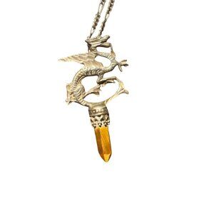 Sterling Silver 925 Dragon Pendant Necklace With‎ Amber-Colored Crystal &  Chain